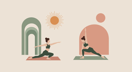 Yoga practice illustration with female figures in soft colors  