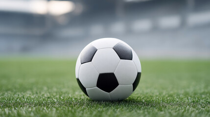 Fototapeta premium Soccer ball lying on verdant stadium turf, signaling imminent competitive play with anticipation of sporting action