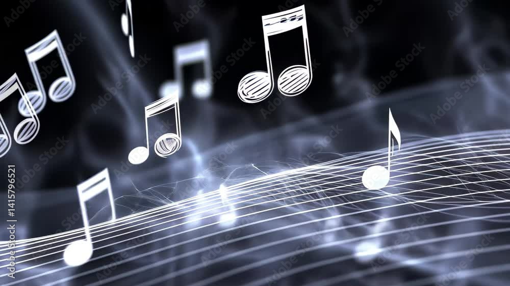 Poster Musical notes create an abstract background with flowing lines and dynamic motion in a dark setting, Musical Notes, Rendering, Background,