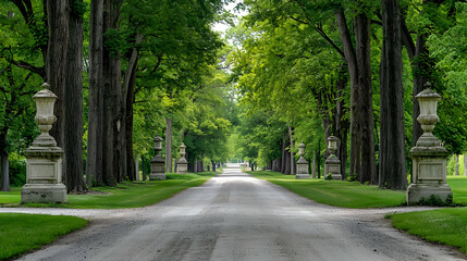 Obraz premium Elegant Garden Pathway Lined With Trees And Stone Statues