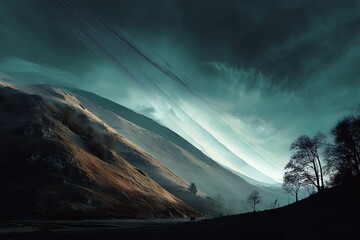 Ethereal mountain landscape with teal skies and a mystical atmosphere, showcasing the beauty of nature