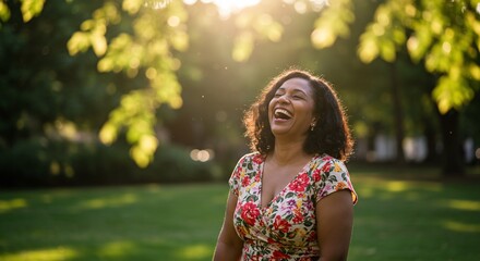 Fototapeta premium Woman laughing outdoors, enjoying the sun and lush natural setting.