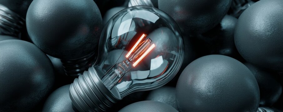 A single illuminated light bulb stands out among the numerous unlit ones, symbolizing big ideas
