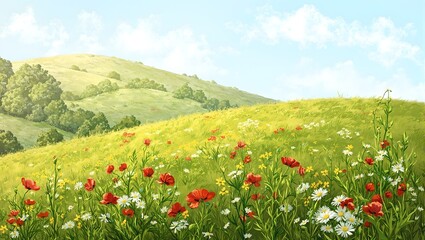 Obraz premium Vivid wildflowers blanket a serene hillside under a clear morning sky capturing the essence of tranquil rural beauty