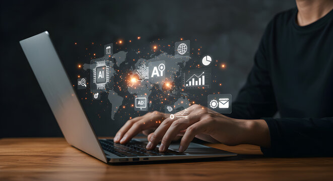 Professional workspace, business strategy, financial growth person typing on laptop with ai and digital marketing icons overlayed on a world map background - Powered by Adobe