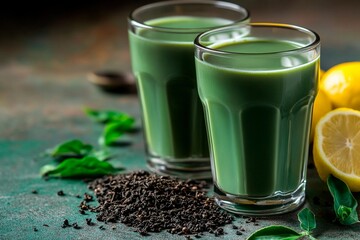 Fresh green tea is served in two clear glasses, accompanied by slices of lemon and loose tea leaves scattered on a rustic table. The vibrant color and natural ingredients create an inviting look