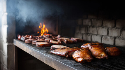 Smoky beef brisket grilling in rustic Texas smokehouse, flames infusing rich, savory barbecue flavor