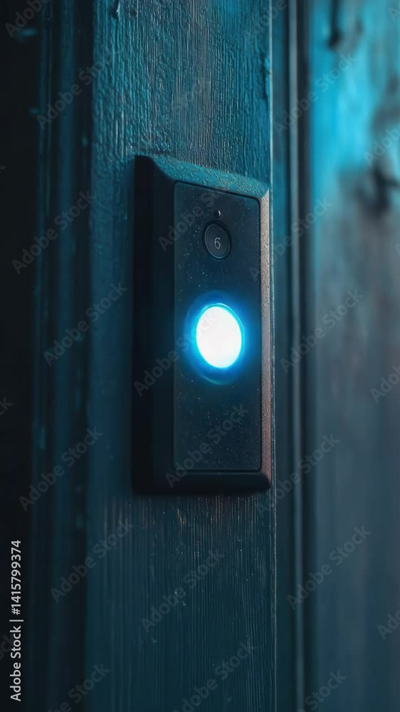 Poster a button on a wooden door with a blue light, ideal for use in designs about technology, innovation, 