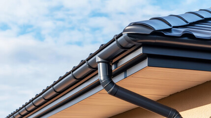 Naklejka premium Residential roof corner revealing aluminum rain gutter, downspout against cloudless blue sky