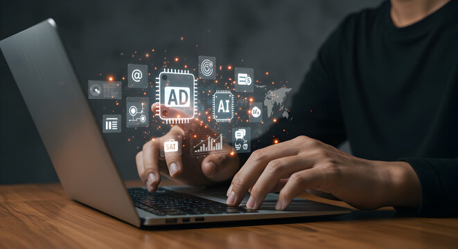 Professional workspace, business strategy, financial growth person using laptop with digital marketing and ai icons floating above the keyboard and hands visible