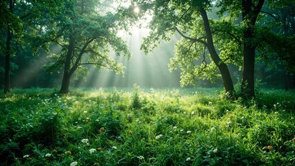 Fototapeta premium Tranquil forest clearing in late summer sunlight filtering through trees onto lush ferns and wildflowers with a touch of mist