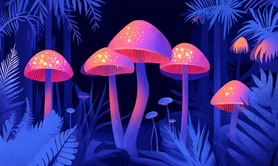 Fototapeta premium Enchanted forest with mysterious glowing mushrooms, Vector flat minimalistic isolated illustration