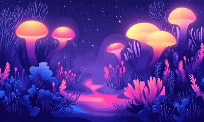 Ethereal underwater world with glowing sea creatures. Vector flat minimalistic isolated illustration