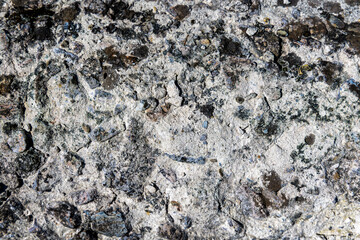 Rough concrete surface with weathered texture. Close-up of a weathered concrete surface showing rough texture, embedded stones, and natural cracks from exposure to the elements.