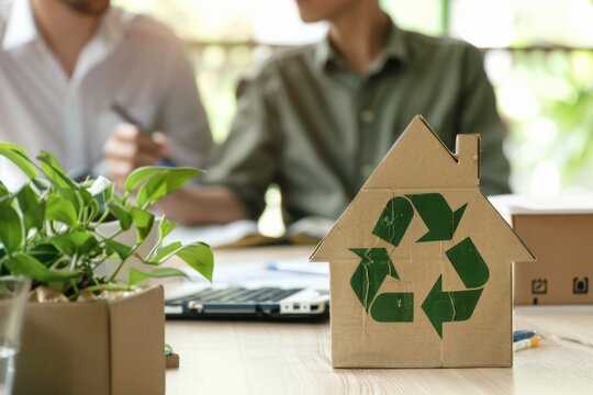 Architects discussing green energy plan with recycling symbol on model house