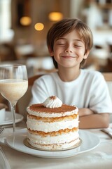 Joyful Child with Creamy Layer Cake and Milkshake in Cozy Cafe Setting