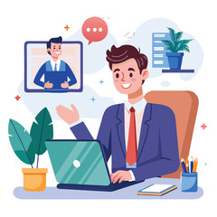 Fototapeta premium Businessman in video call, working on laptop