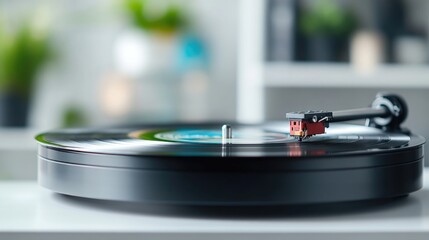 Obraz premium Record player spinning a vinyl record in a home setting
