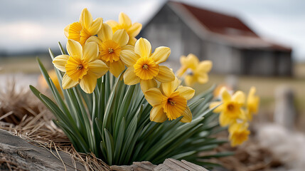 Bright yellow daffodils blooming near a rustic barn  