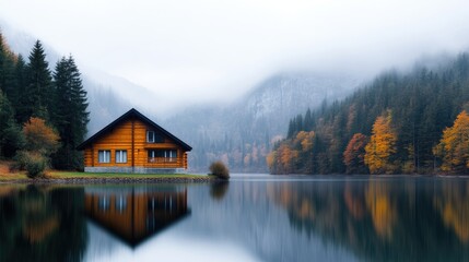 Obraz premium Peaceful cabin by a serene autumn lake. Misty mountains surround the tranquil scene