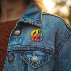Rainbow peace symbol badge on a denim jacket