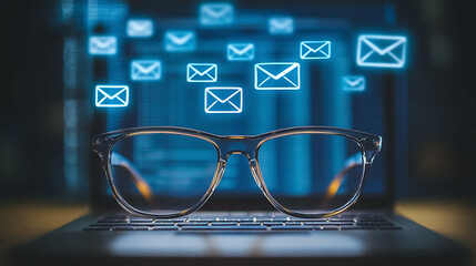 A pair of glasses on a laptop with floating digital email icons above, creating a futuristic feel of constant digital interaction