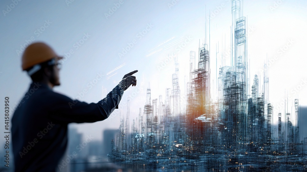 Poster engineer pointing at floating virtual interface in urban setting
