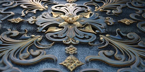 Detailed ornamentation featuring swirling patterns and floral motifs, intricately rendered with metallic hues and a textured background.