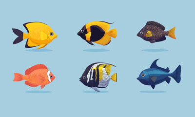 Naklejka premium Discover the diversity of saltwater fish species through illustrations of colorful marine life. Illustration, Minimalism,