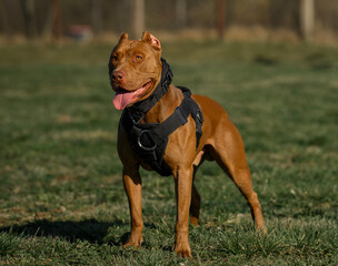 large portrait dog staffordshire terrier pitbull outdoors playing on grass