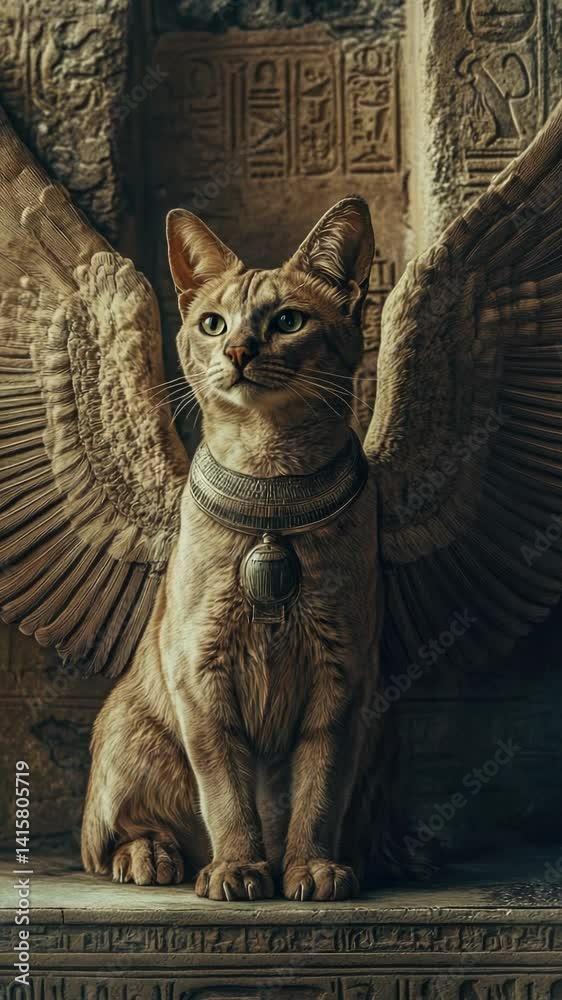 Poster a curious cat sits atop a ancient stone statue, with a bold expression.
