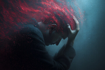 Dark image of person holding head, red particles emanating, suggesting stress, anxiety, or emotional turmoil, symbolic of inner struggle and mental health