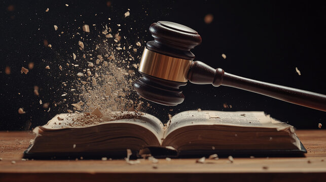 Gavel smashes law book, abolishing outdated legislation. Wooden gavel hits lawbook on wooden table. Represents justice, legal system reform