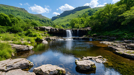 Fototapeta premium Serene Waterfall Cascading Through Mountain Valley
