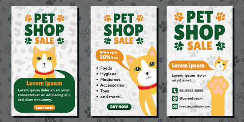 Pet Shop Sale AD - Mobile Format. 3 Image Layouts with Logo, Orange Cat Mascot and Different White Backgrounds. Green, Orange and White Colors.
