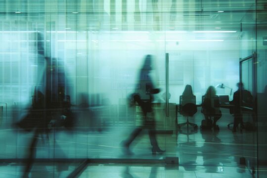 Blurred office with people working behind glass wall