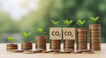 Professional workspace, business strategy, financial growth stacks of coins with plants growing on...