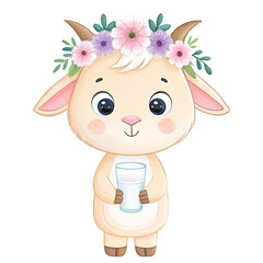 Cute baby goat with glass of milk in hooves and flower crown on head. Watercolor isolated illustration. 