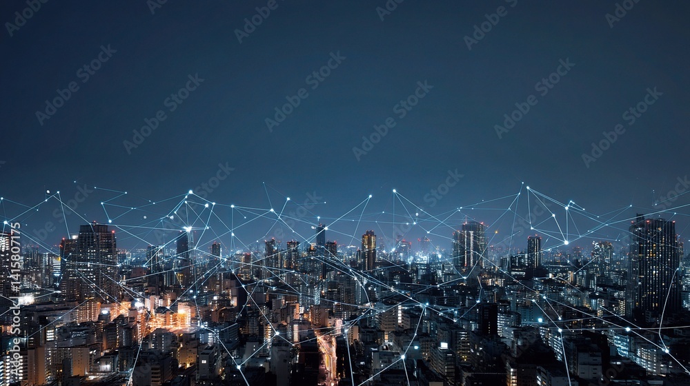 Poster smart city visualization with ai data points and connectivity networks
