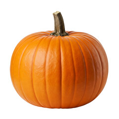 A perfect autumn pumpkin, ready for carving or pie-making, showcasing its vibrant orange hue and smooth, ridged skin against a pure white background.