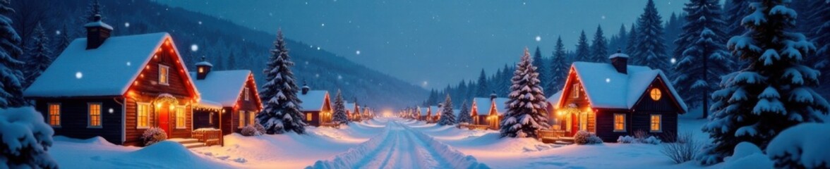 Snow-covered village with festive lights and Christmas decorations, decorations, festive lights