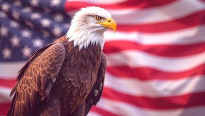 Obraz premium Majestic Bald Eagle with American Flag Background. Patriotism and Wildlife Photography.