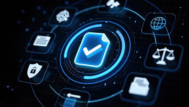 Digital compliance and data security concept with a holographic document surrounded by legal and regulatory icons, protected by hands in a dark background.