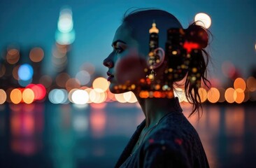 Naklejka premium Attractive young european businesswoman using tablet on abstract city background. Technology and communication concept. Double exposure