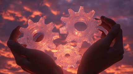 Hands hold three translucent gears against a sunset sky, symbolizing collaboration, mechanism, and innovation in business or technology