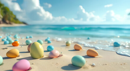 Easter eggs on beach in the ocean scattered blue pink white yellow orange purple green pastel ocean and sky landscape