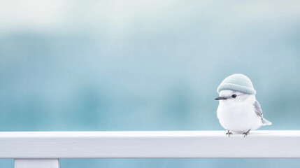 Tiny little bird sitting on a white fence, a cute blue banner with a bird and a place for text