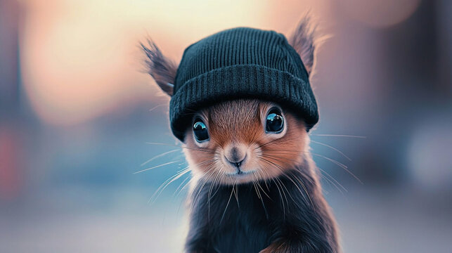 Close-up portrait of funny squirrel in hat and a sweater, a humorous banner on the theme of the forest animals and change of season, weather