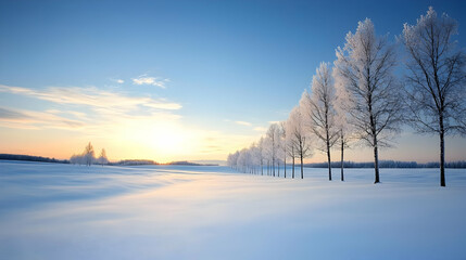 Snowy Landscape At Sunrise With Frost Covered Trees