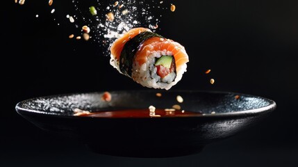 Flying Sushi Roll Above Soy Sauce Bowl
